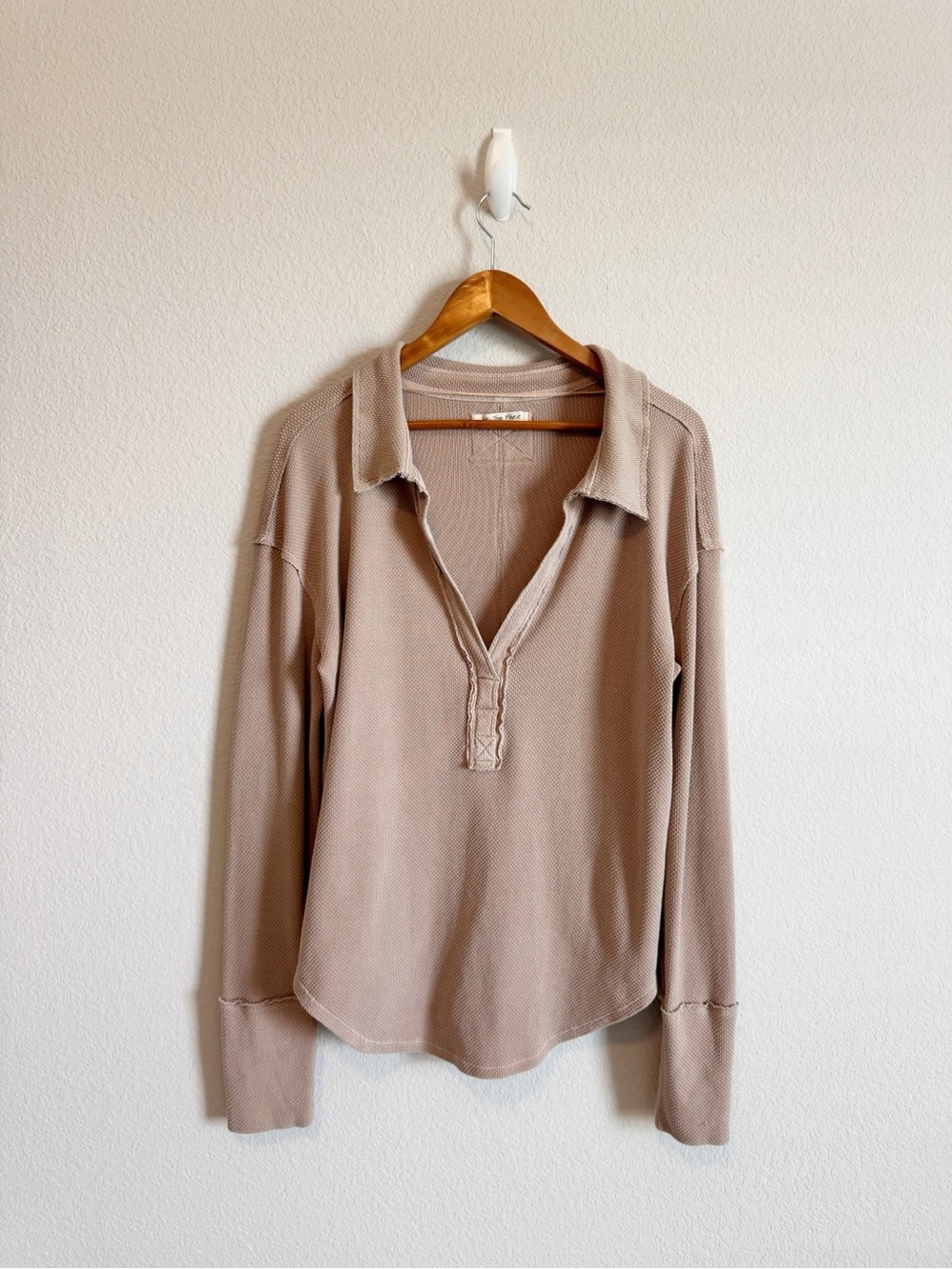Free People Brown Tan Anakin Collared Thermal Polo Long Sleeve Top Size Large
